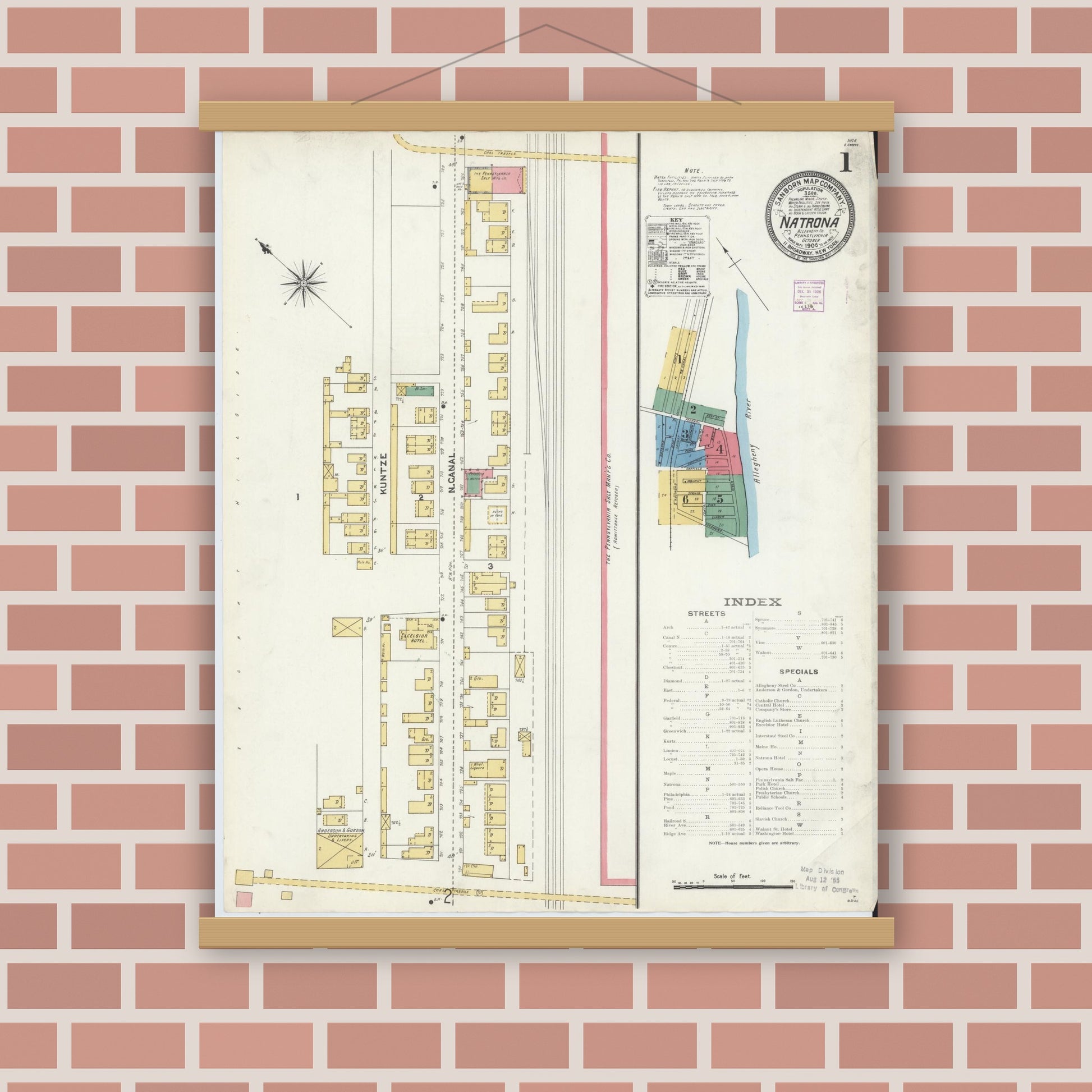 Old map wall art mockup — magnetic wood frame on brick wall — Sanborn Fire Insurance Map from Natrona, Allegheny County, Pennsylvania (1906) - Complete Map Set
