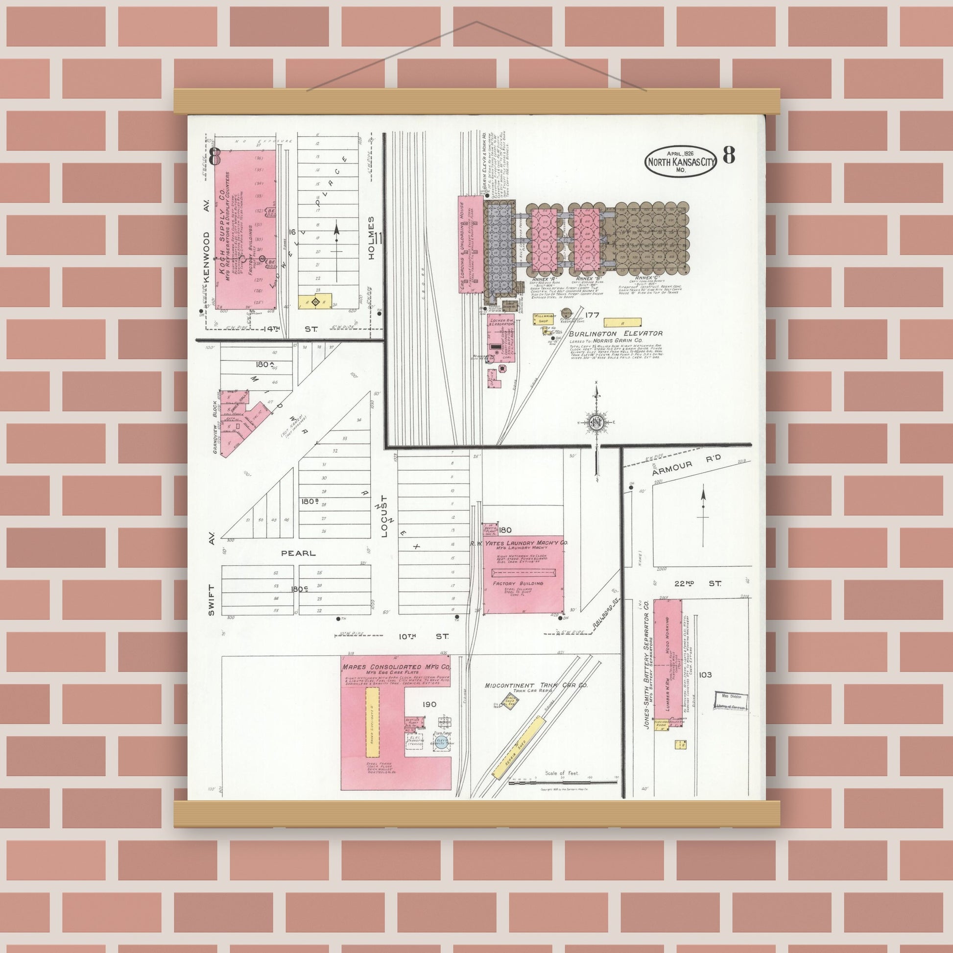 Old map wall art mockup — magnetic wood frame on brick wall — Sanborn Fire Insurance Map from North Kansas City, Clay County, Missouri (1926), Sheet #0008