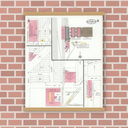 Old map wall art mockup — magnetic wood frame on brick wall — Sanborn Fire Insurance Map from North Kansas City, Clay County, Missouri (1926), Sheet #0008