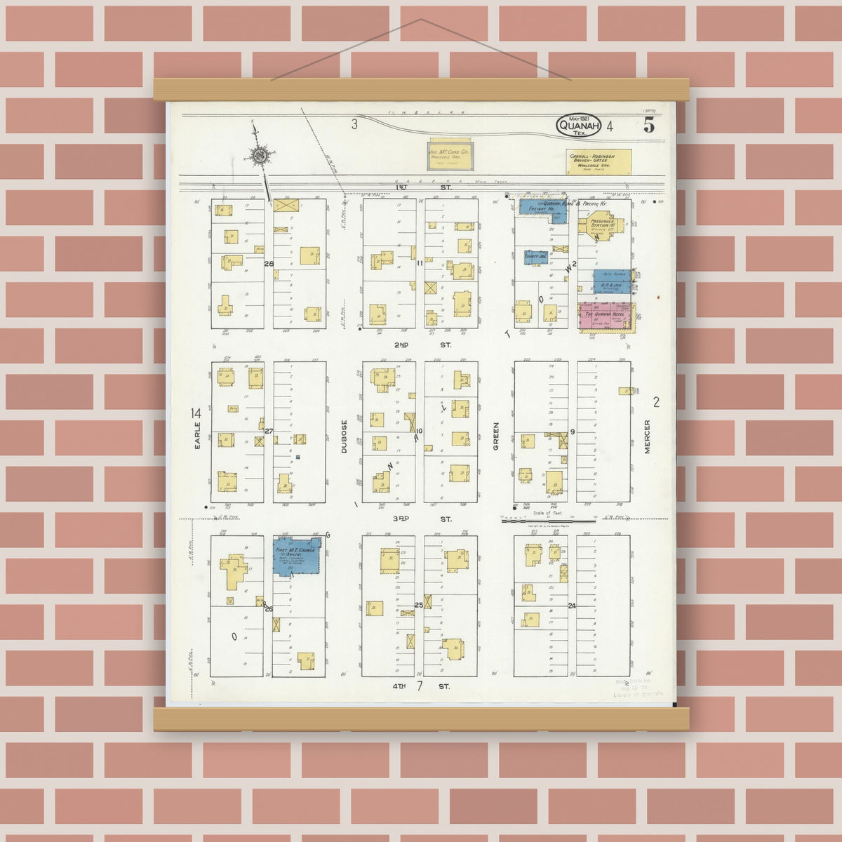 Old map wall art mockup — magnetic wood frame on brick wall — Sanborn Fire Insurance Map from Quanah, Hardeman County, Texas (1921), Sheet #0005