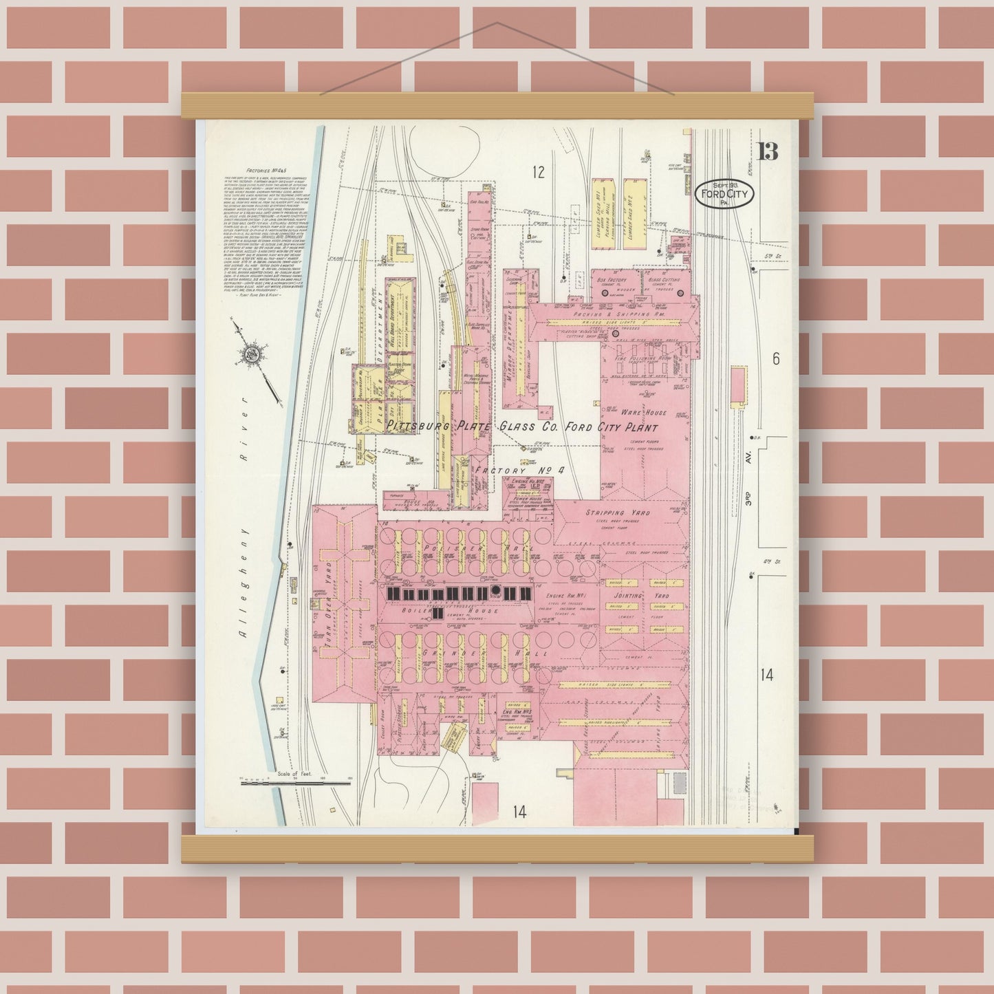 Old map wall art mockup — magnetic wood frame on brick wall — Sanborn Fire Insurance Map from Ford City, Armstrong County, Pennsylvania (1913), Sheet #0013