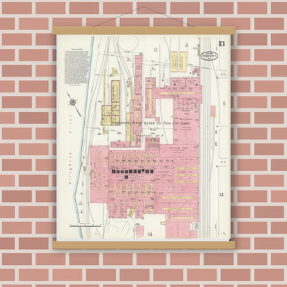 Old map wall art mockup — magnetic wood frame on brick wall — Sanborn Fire Insurance Map from Ford City, Armstrong County, Pennsylvania (1913), Sheet #0013