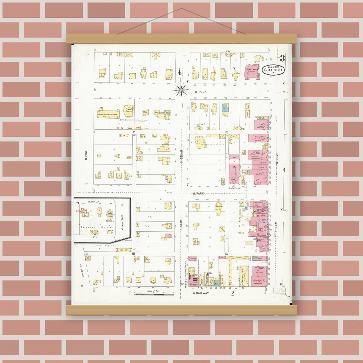 Old map wall art mockup — magnetic wood frame on brick wall — Sanborn Fire Insurance Map from Cresco, Howard County, Iowa (1902), Sheet #0003