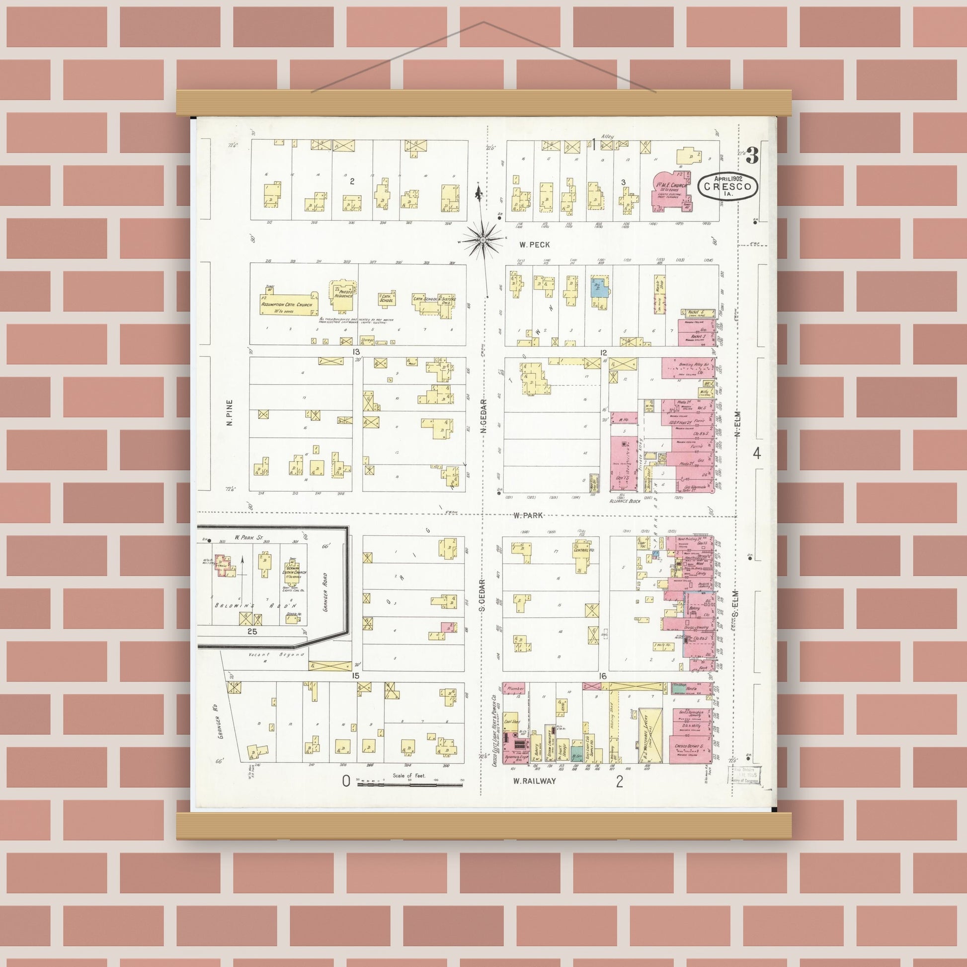 Old map wall art mockup — magnetic wood frame on brick wall — Sanborn Fire Insurance Map from Cresco, Howard County, Iowa (1902), Sheet #0003