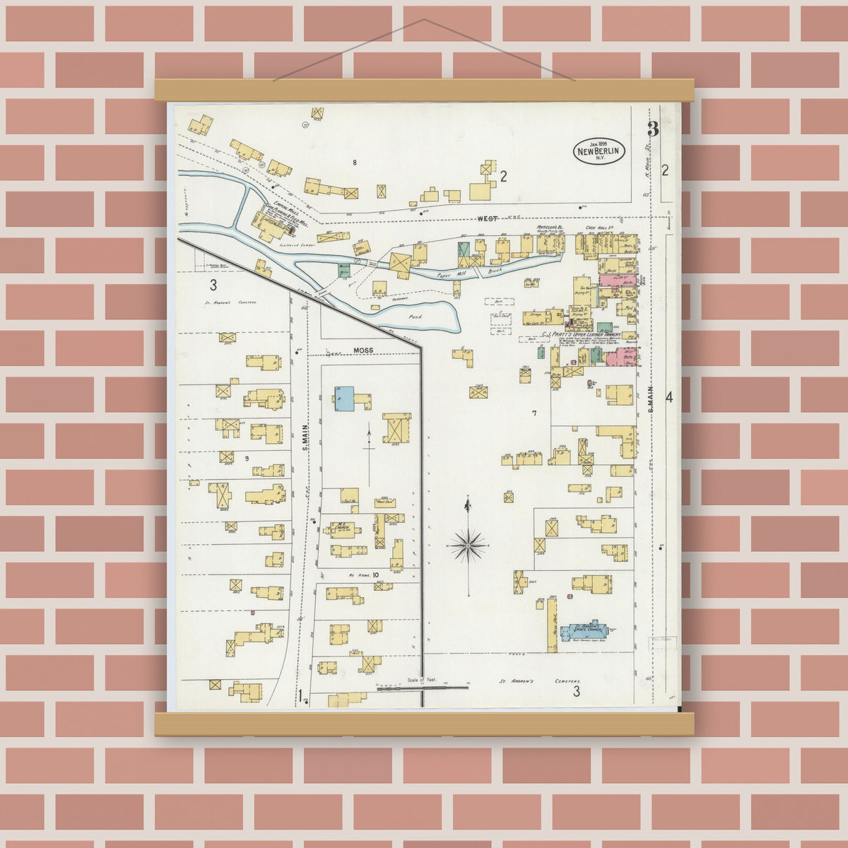 Old map wall art mockup — magnetic wood frame on brick wall — Sanborn Fire Insurance Map from New Berlin, Chenango County, New York (1899), Sheet #0003