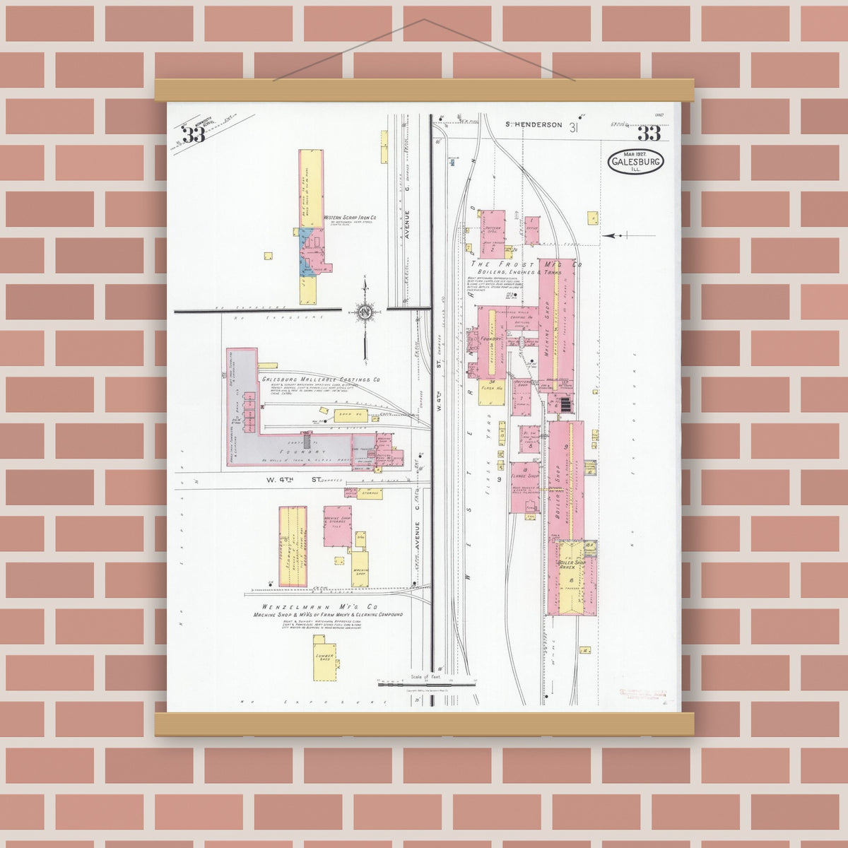Old map wall art mockup — magnetic wood frame on brick wall — Sanborn Fire Insurance Map from Galesburg, Knox County, Illinois (1927), Sheet #0033