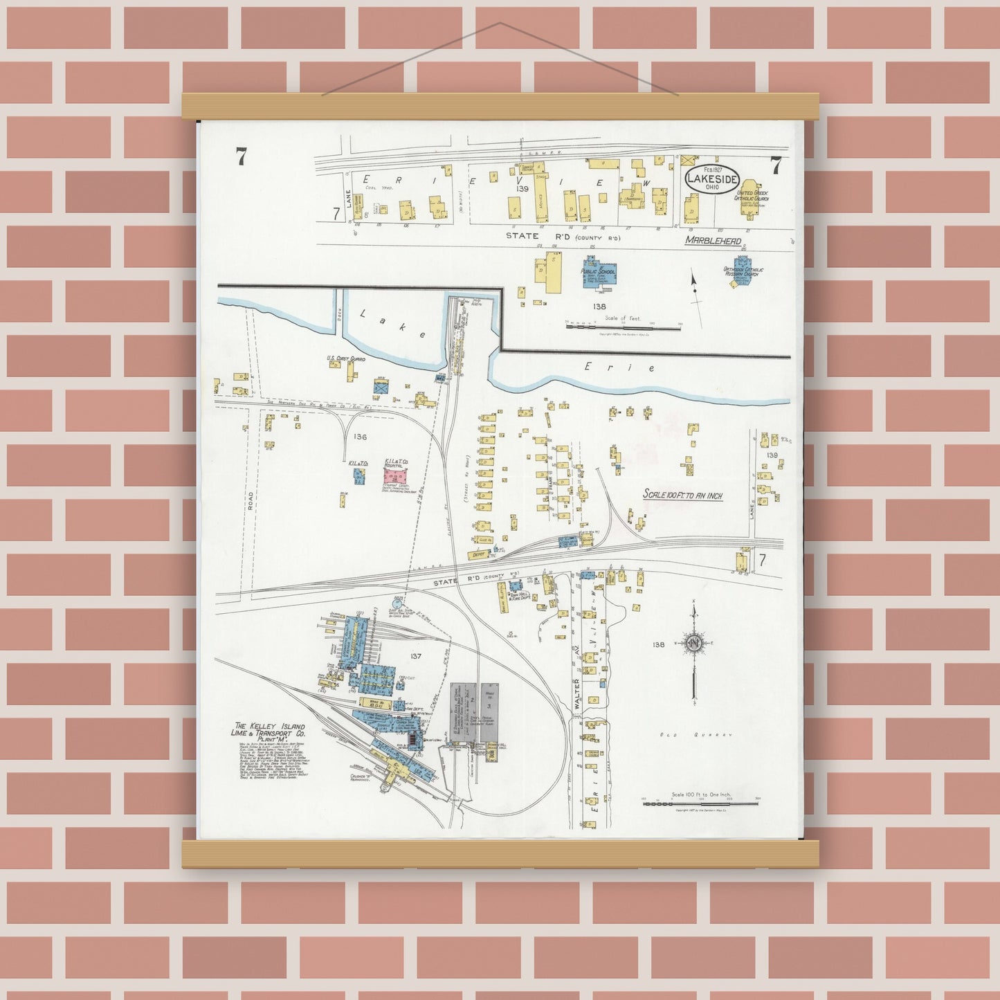 Old map wall art mockup — magnetic wood frame on brick wall — Sanborn Fire Insurance Map from Lakeside, Ottawa County, Ohio (1927), Sheet #0007