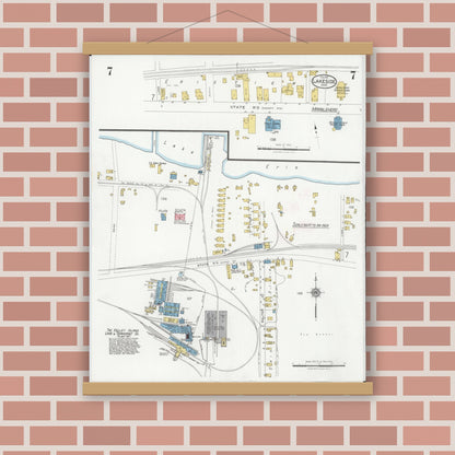 Old map wall art mockup — magnetic wood frame on brick wall — Sanborn Fire Insurance Map from Lakeside, Ottawa County, Ohio (1927), Sheet #0007