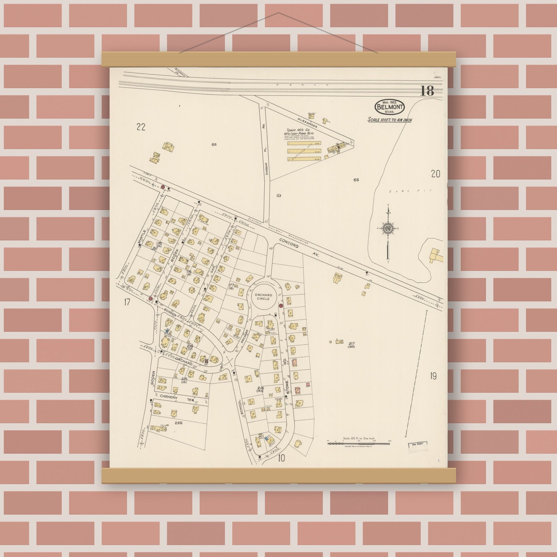 Old map wall art mockup — magnetic wood frame on brick wall — Sanborn Fire Insurance Map from Belmont, Middlesex County, Massachusetts (1922), Sheet #0018