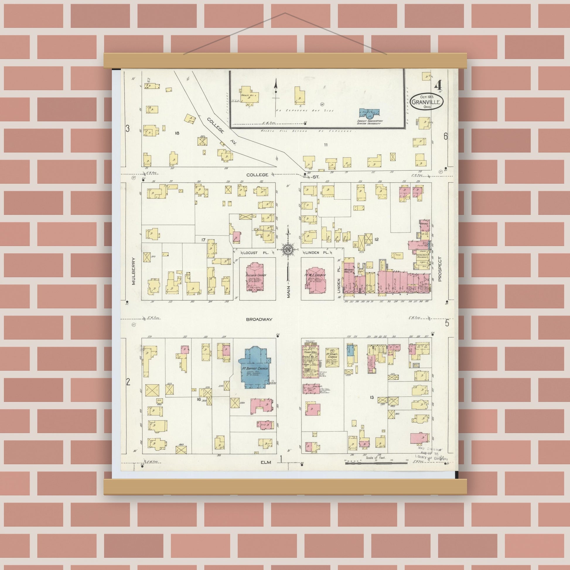 Old map wall art mockup — magnetic wood frame on brick wall — Sanborn Fire Insurance Map from Granville, Licking County, Ohio (1913), Sheet #0004