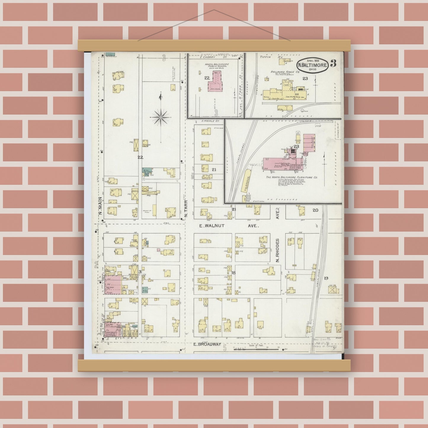 Old map wall art mockup — magnetic wood frame on brick wall — Sanborn Fire Insurance Map from North Baltimore, Wood County, Ohio (1893), Sheet #0003