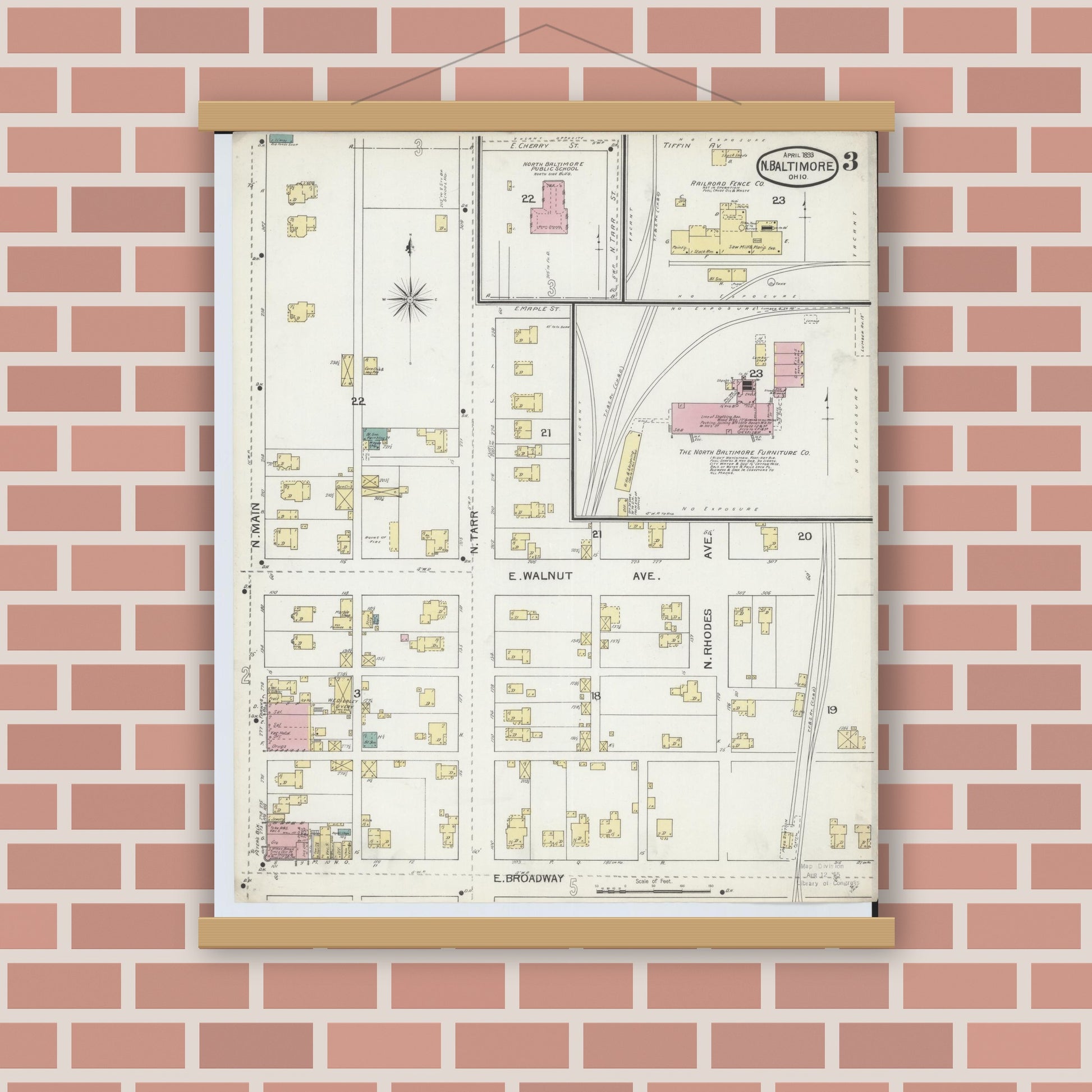Old map wall art mockup — magnetic wood frame on brick wall — Sanborn Fire Insurance Map from North Baltimore, Wood County, Ohio (1893), Sheet #0003