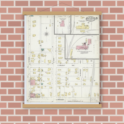 Old map wall art mockup — magnetic wood frame on brick wall — Sanborn Fire Insurance Map from North Baltimore, Wood County, Ohio (1893), Sheet #0003