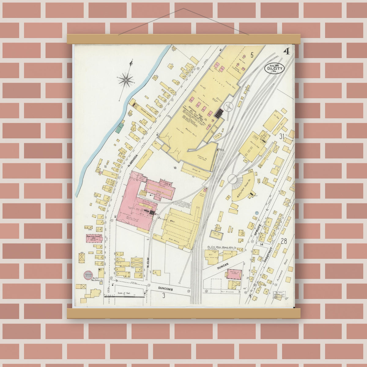 Old map wall art mockup — magnetic wood frame on brick wall — Sanborn Fire Insurance Map from Oil City, Venango County, Pennsylvania (1906), Sheet #0004