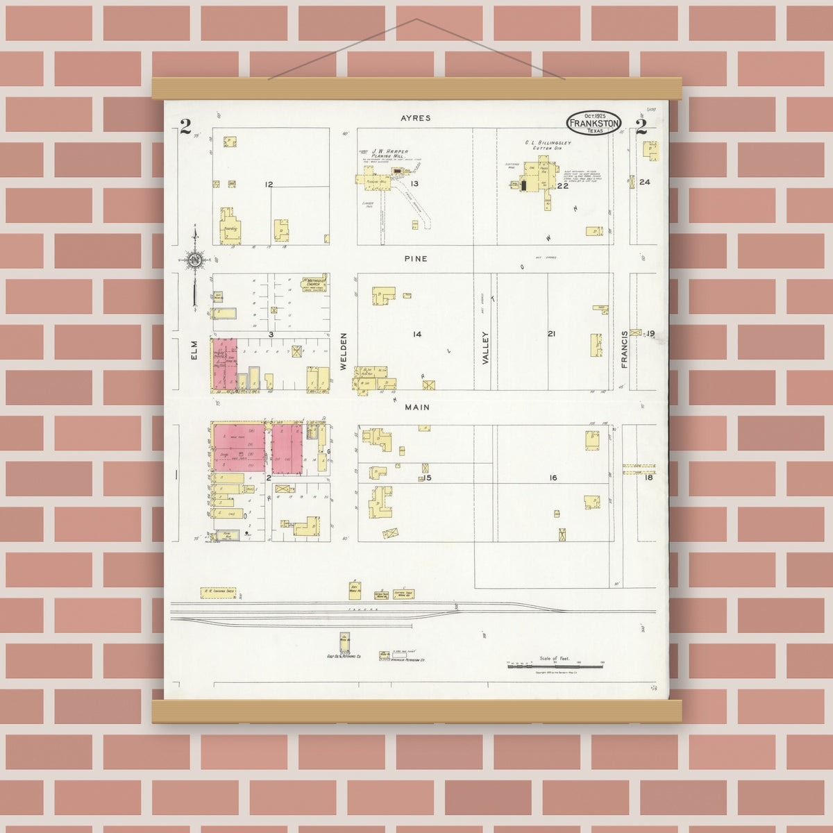 Old map wall art mockup — magnetic wood frame on brick wall — Sanborn Fire Insurance Map from Frankston, Anderson County, Texas (1925), Sheet #0002