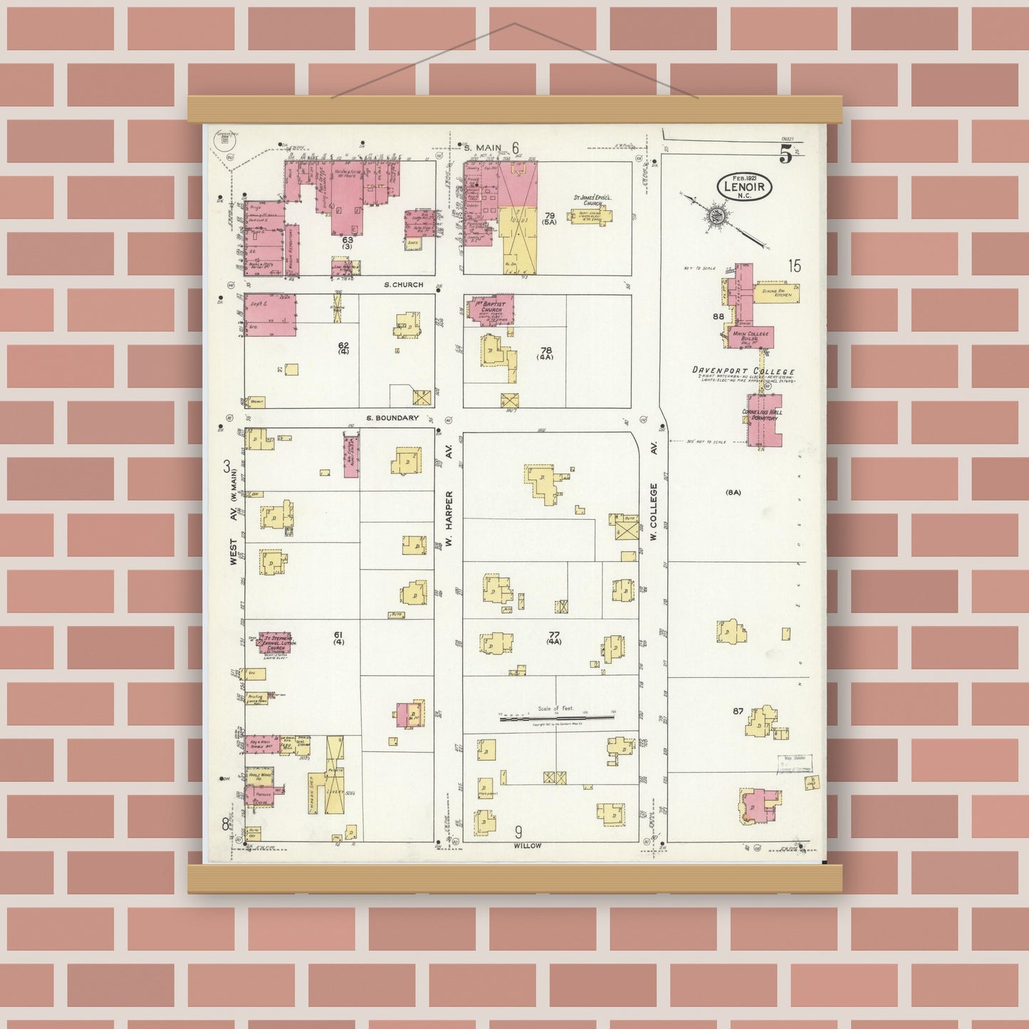 Old map wall art mockup — magnetic wood frame on brick wall — Sanborn Fire Insurance Map from Lenoir, Caldwell County, North Carolina (1921), Sheet #0005