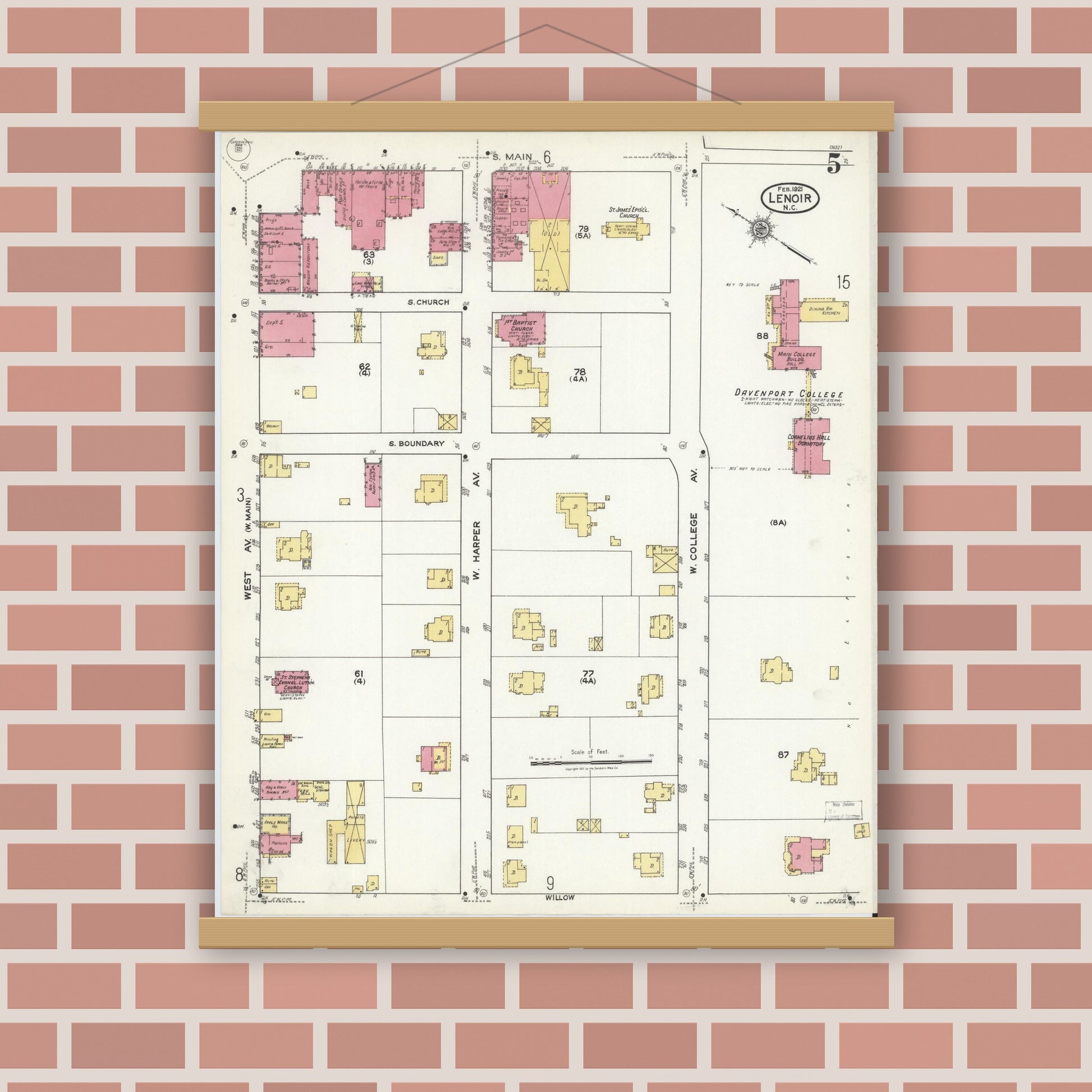 Old map wall art mockup — magnetic wood frame on brick wall — Sanborn Fire Insurance Map from Lenoir, Caldwell County, North Carolina (1921), Sheet #0005