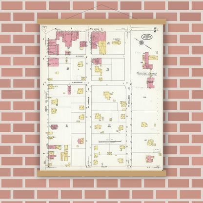 Old map wall art mockup — magnetic wood frame on brick wall — Sanborn Fire Insurance Map from Lenoir, Caldwell County, North Carolina (1921), Sheet #0005