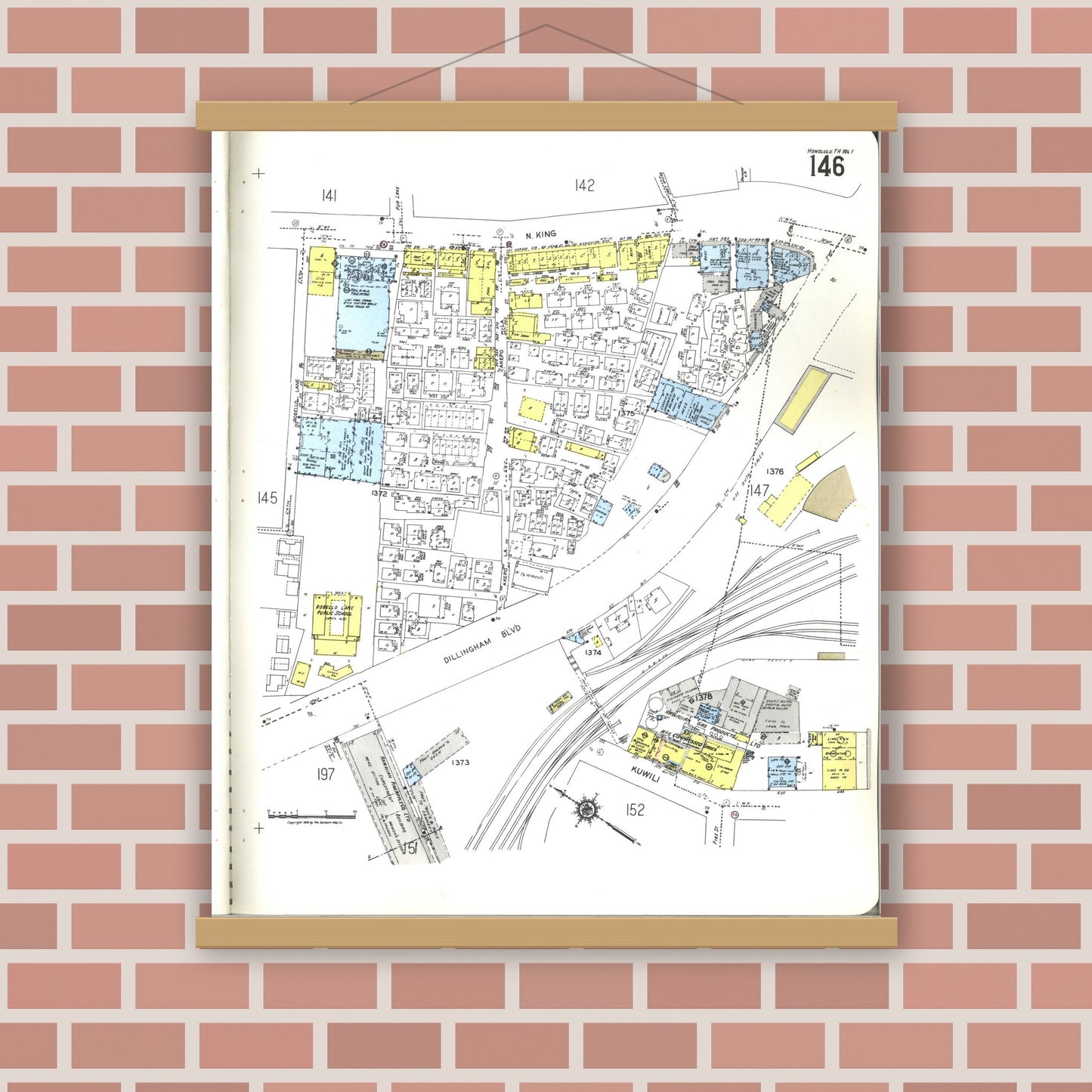 Old map wall art mockup — magnetic wood frame on brick wall — Sanborn Fire Insurance Map from Honolulu, Oahu County, Hawaii (1955), Sheet #0146