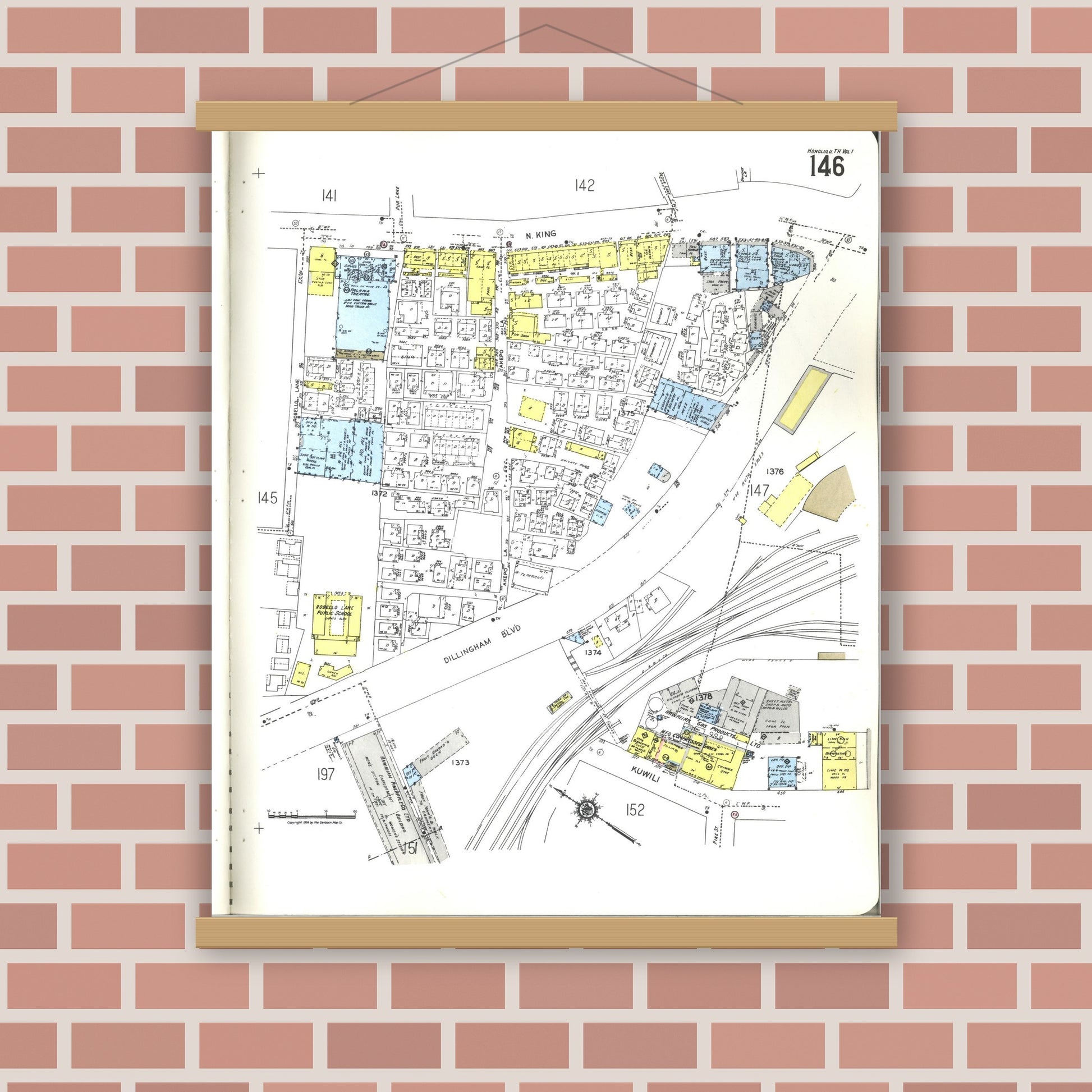 Old map wall art mockup — magnetic wood frame on brick wall — Sanborn Fire Insurance Map from Honolulu, Oahu County, Hawaii (1955), Sheet #0146