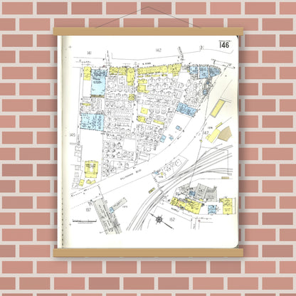 Old map wall art mockup — magnetic wood frame on brick wall — Sanborn Fire Insurance Map from Honolulu, Oahu County, Hawaii (1955), Sheet #0146