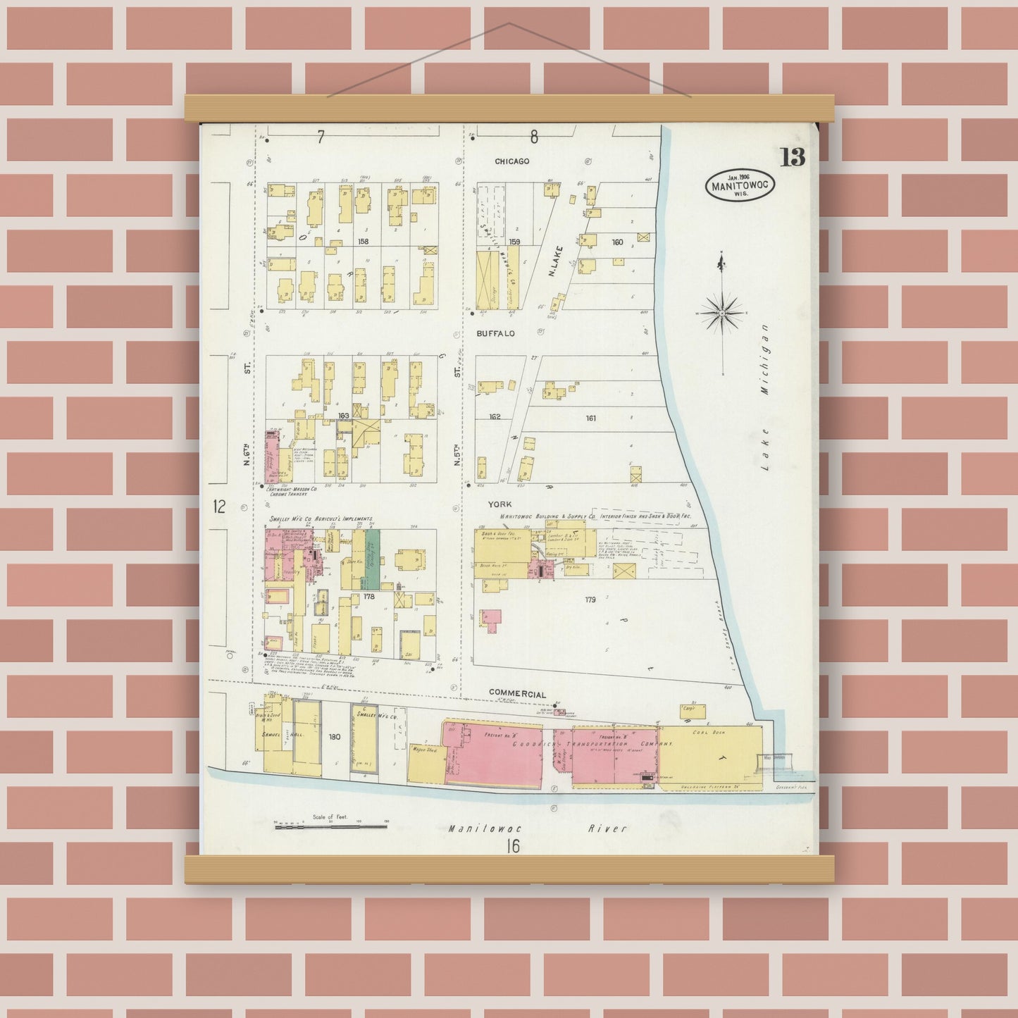 Old map wall art mockup — magnetic wood frame on brick wall — Sanborn Fire Insurance Map from Manitowoc, Manitowoc County, Wisconsin (1906), Sheet #0013