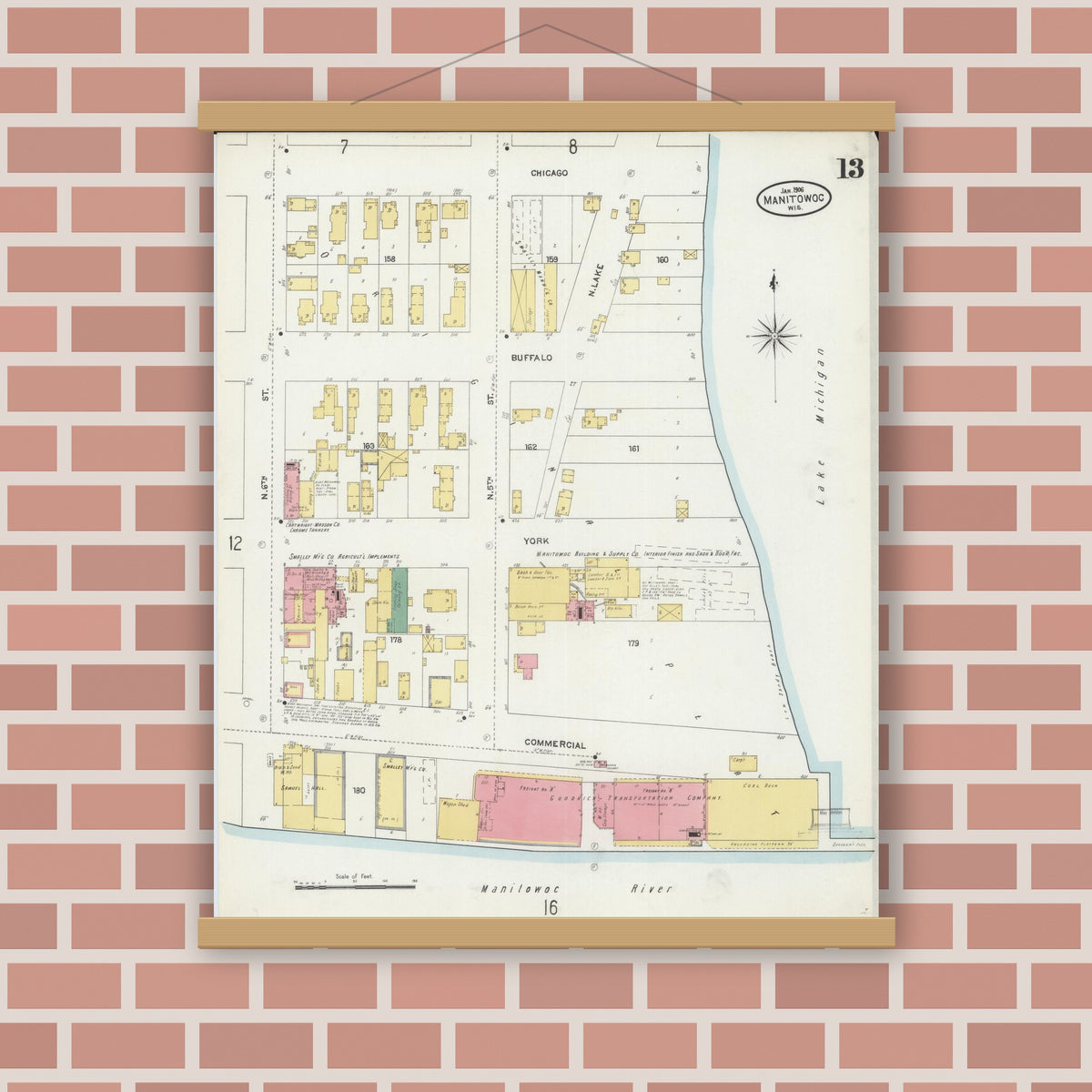 Old map wall art mockup — magnetic wood frame on brick wall — Sanborn Fire Insurance Map from Manitowoc, Manitowoc County, Wisconsin (1906), Sheet #0013