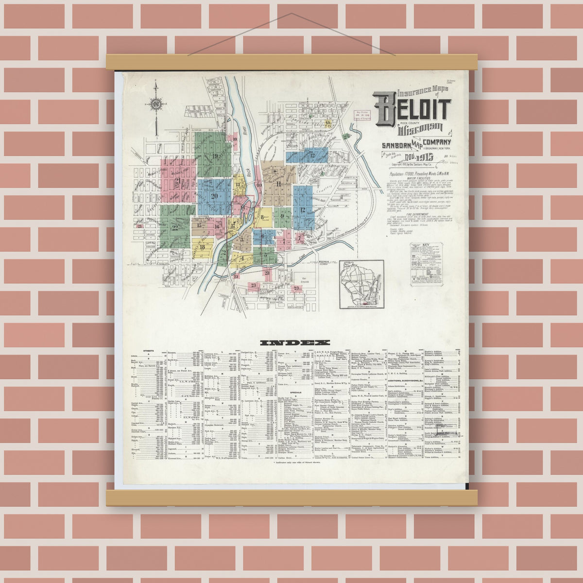 Old map wall art mockup — magnetic wood frame on brick wall — Sanborn Fire Insurance Map from Beloit, Rock County, Wisconsin (1915) - Complete Map Set