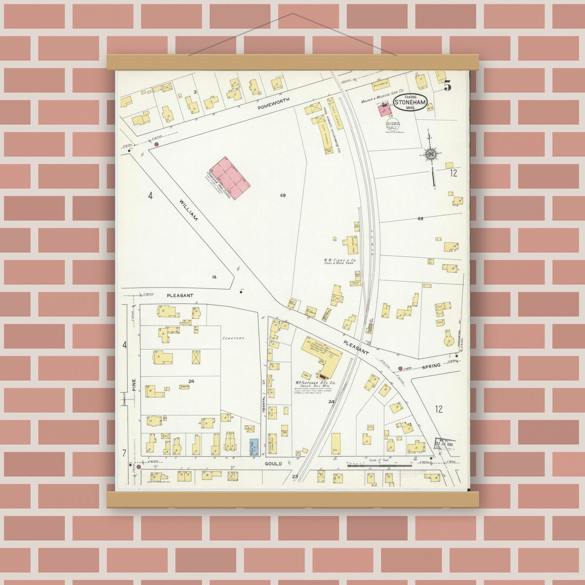 Old map wall art mockup — magnetic wood frame on brick wall — Sanborn Fire Insurance Map from Stoneham, Middlesex County, Massachusetts (1916), Sheet #0005