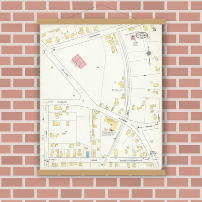 Old map wall art mockup — magnetic wood frame on brick wall — Sanborn Fire Insurance Map from Stoneham, Middlesex County, Massachusetts (1916), Sheet #0005