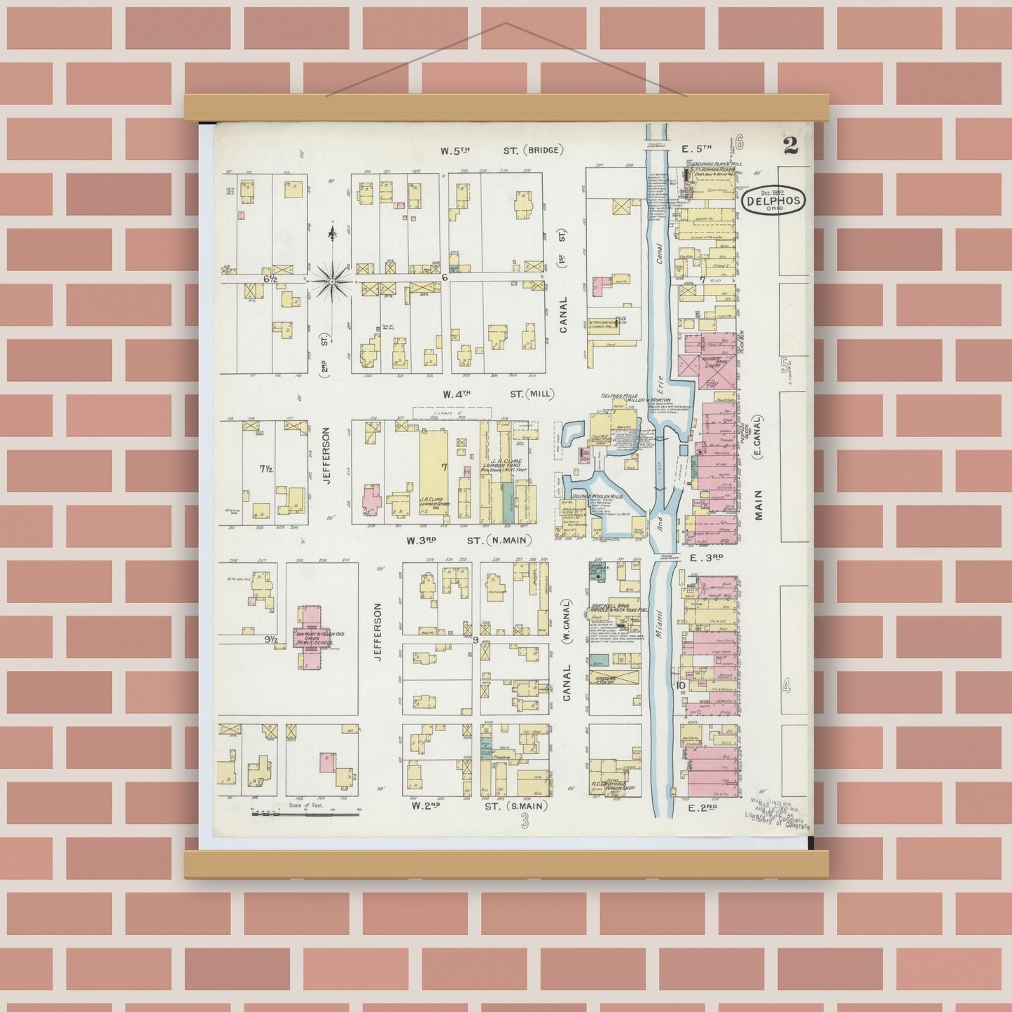 Old map wall art mockup — magnetic wood frame on brick wall — Sanborn Fire Insurance Map from Delphos, Van Wert And Allen Counties, Ohio (1892), Sheet #0002