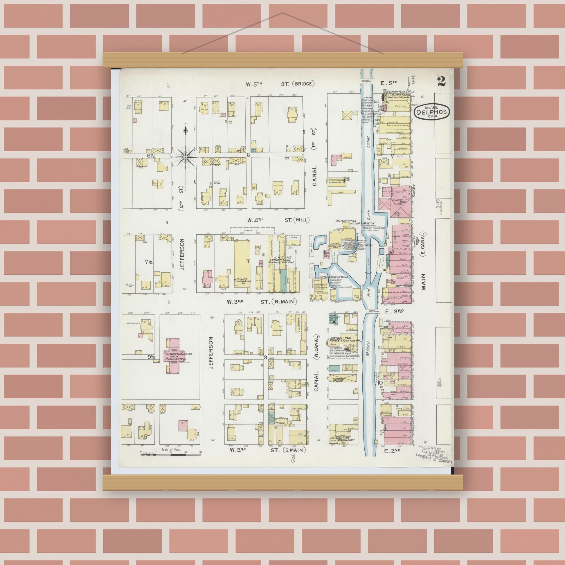 Old map wall art mockup — magnetic wood frame on brick wall — Sanborn Fire Insurance Map from Delphos, Van Wert And Allen Counties, Ohio (1892), Sheet #0002