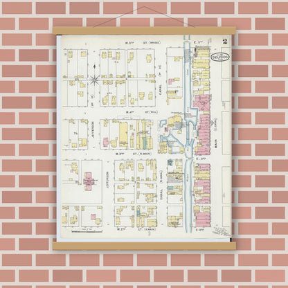 Old map wall art mockup — magnetic wood frame on brick wall — Sanborn Fire Insurance Map from Delphos, Van Wert And Allen Counties, Ohio (1892), Sheet #0002