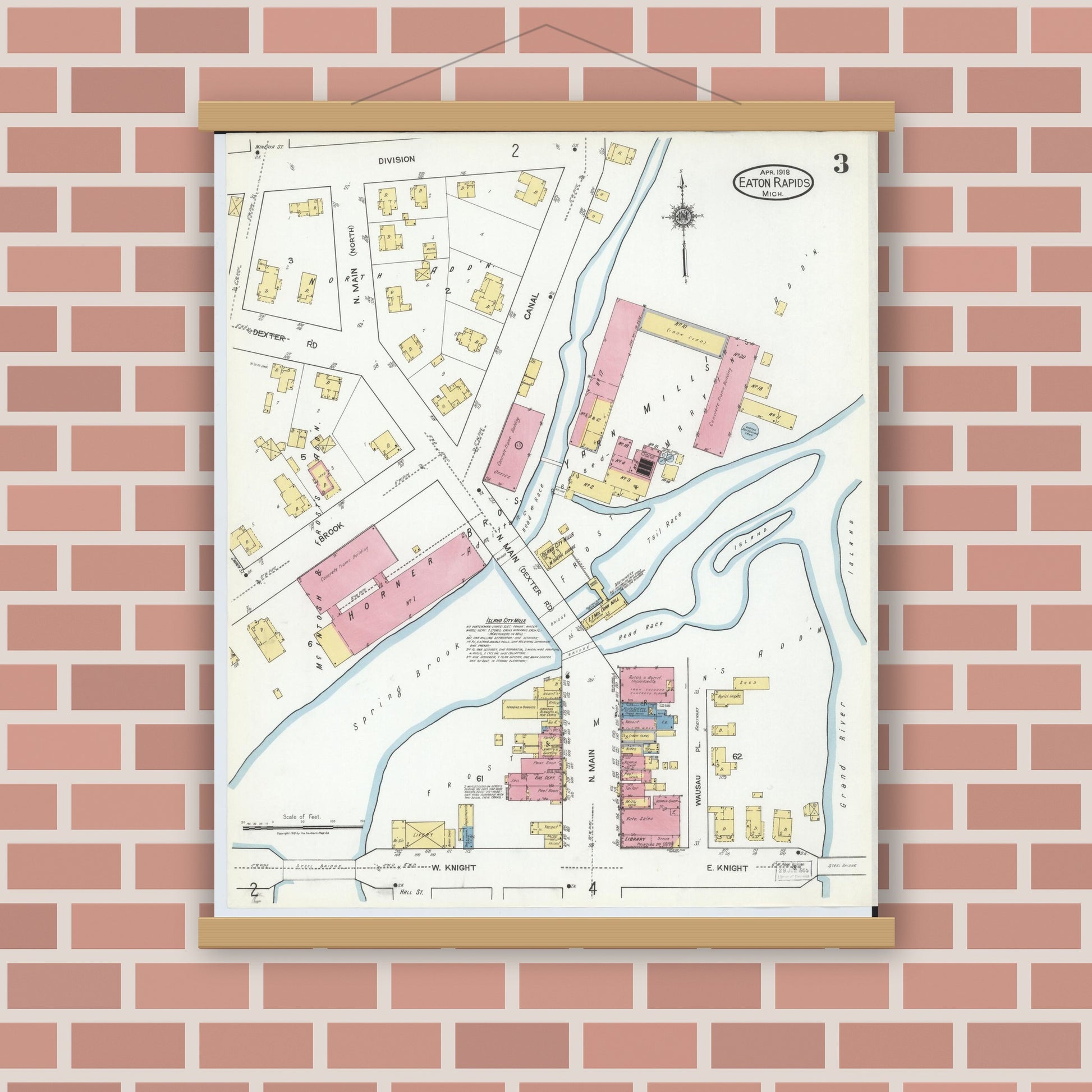Old map wall art mockup — magnetic wood frame on brick wall — Sanborn Fire Insurance Map from Eaton Rapids, Eaton County, Michigan (1918), Sheet #0003