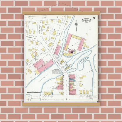 Old map wall art mockup — magnetic wood frame on brick wall — Sanborn Fire Insurance Map from Eaton Rapids, Eaton County, Michigan (1918), Sheet #0003