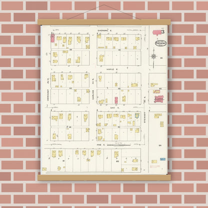 Old map wall art mockup — magnetic wood frame on brick wall — Sanborn Fire Insurance Map from Fremont, Newaygo County, Michigan (1921), Sheet #0003