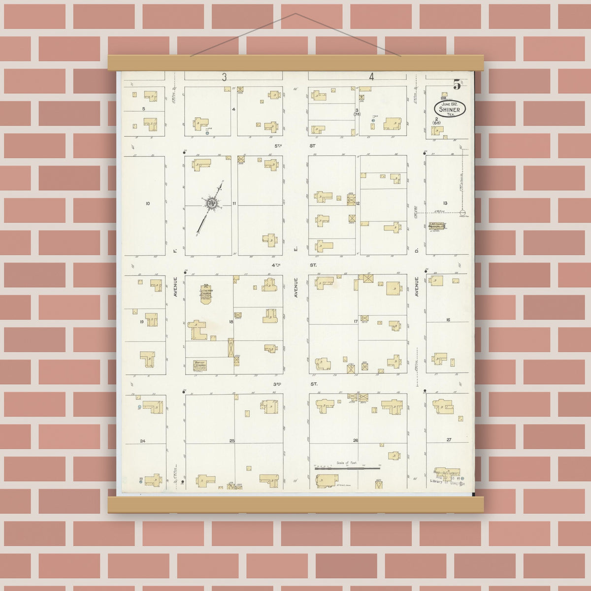 Old map wall art mockup — magnetic wood frame on brick wall — Sanborn Fire Insurance Map from Shiner, Lavaca County, Texas (1912), Sheet #0005