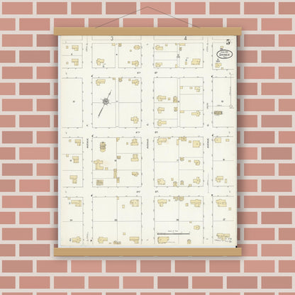 Old map wall art mockup — magnetic wood frame on brick wall — Sanborn Fire Insurance Map from Shiner, Lavaca County, Texas (1912), Sheet #0005