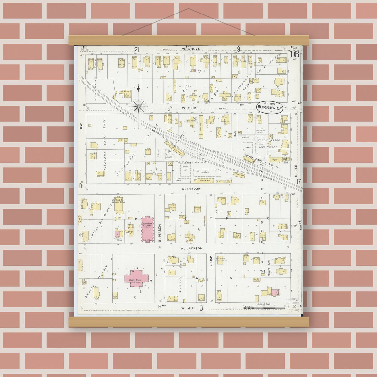 Old map wall art mockup — magnetic wood frame on brick wall — Sanborn Fire Insurance Map from Bloomington, McLean County, Illinois (1896), Sheet #0016