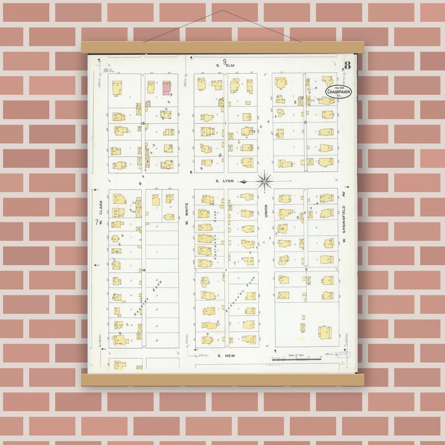 Old map wall art mockup — magnetic wood frame on brick wall — Sanborn Fire Insurance Map from Champaign, Champaign County, Illinois (1909), Sheet #0008