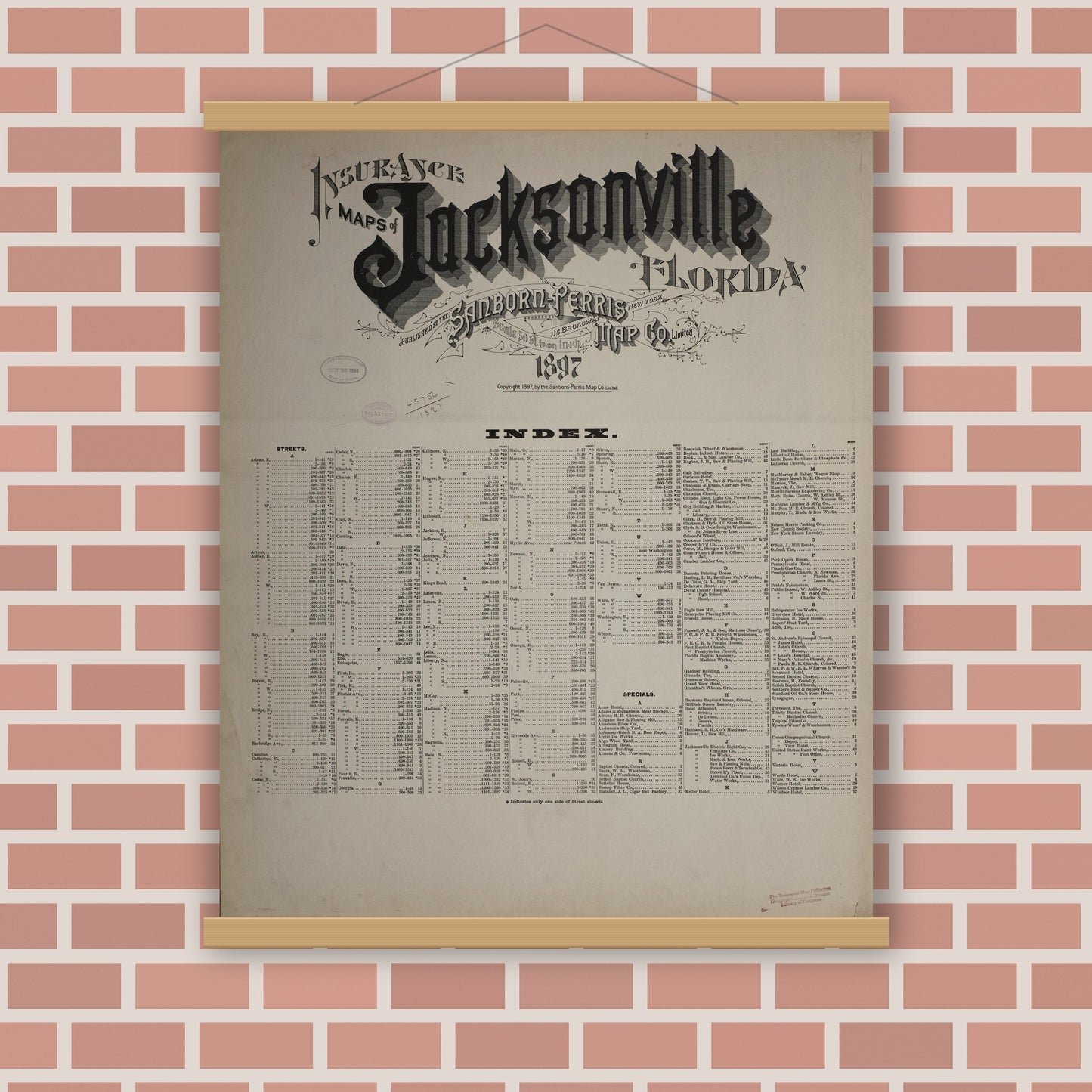 Old map wall art mockup — magnetic wood frame on brick wall — Sanborn Fire Insurance Map from Jacksonville, Duval County, Florida (1897), Sheet #0001