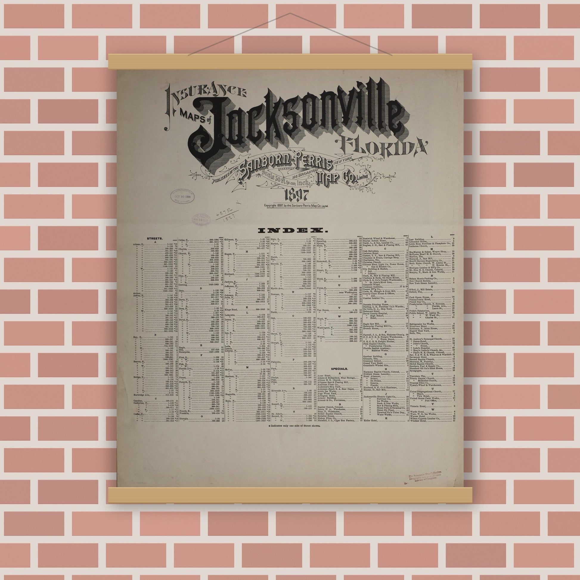 Old map wall art mockup — magnetic wood frame on brick wall — Sanborn Fire Insurance Map from Jacksonville, Duval County, Florida (1897), Sheet #0001
