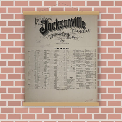 Old map wall art mockup — magnetic wood frame on brick wall — Sanborn Fire Insurance Map from Jacksonville, Duval County, Florida (1897), Sheet #0001