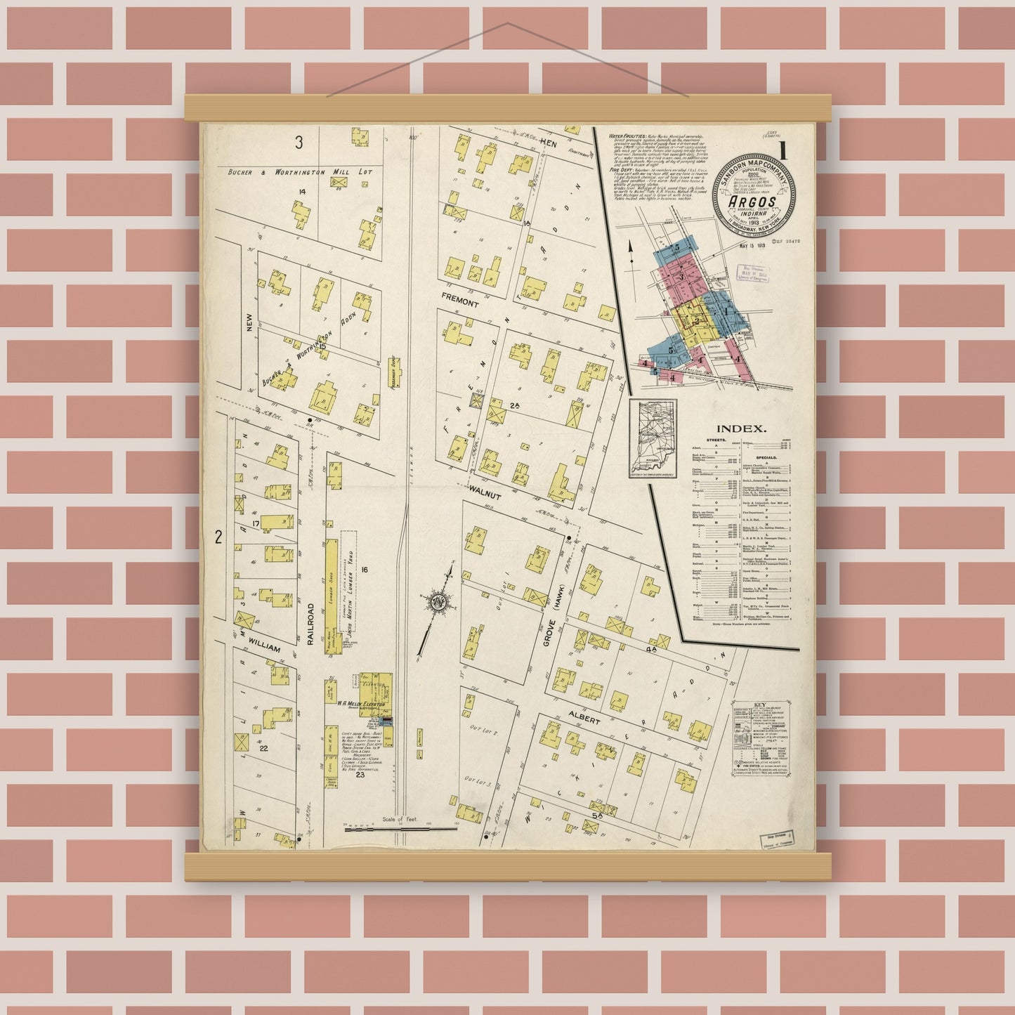 Old map wall art mockup — magnetic wood frame on brick wall — Sanborn Fire Insurance Map from Argos, Marshall County, Indiana (1913), Sheet #0001