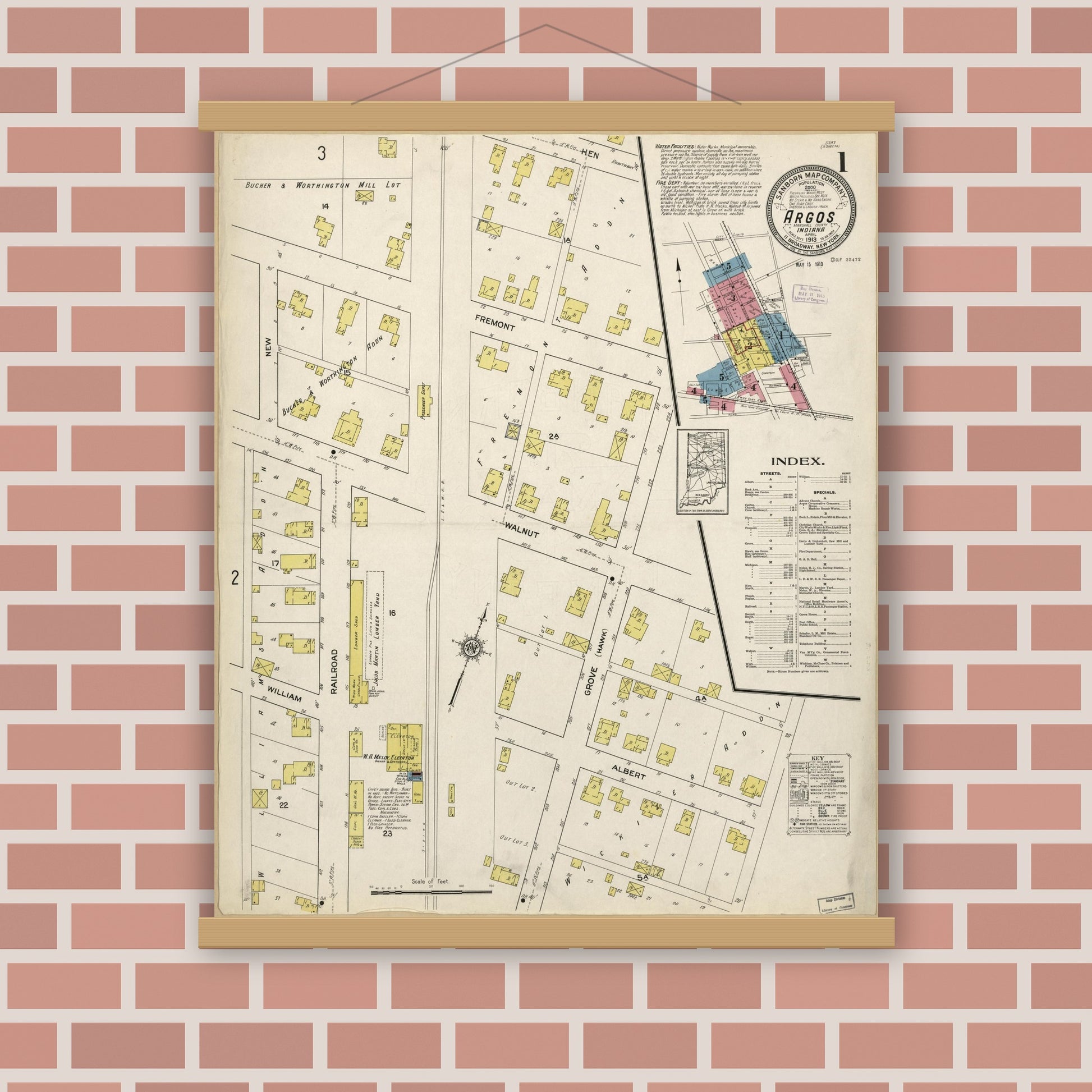 Old map wall art mockup — magnetic wood frame on brick wall — Sanborn Fire Insurance Map from Argos, Marshall County, Indiana (1913), Sheet #0001