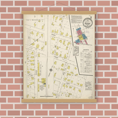 Old map wall art mockup — magnetic wood frame on brick wall — Sanborn Fire Insurance Map from Argos, Marshall County, Indiana (1913), Sheet #0001