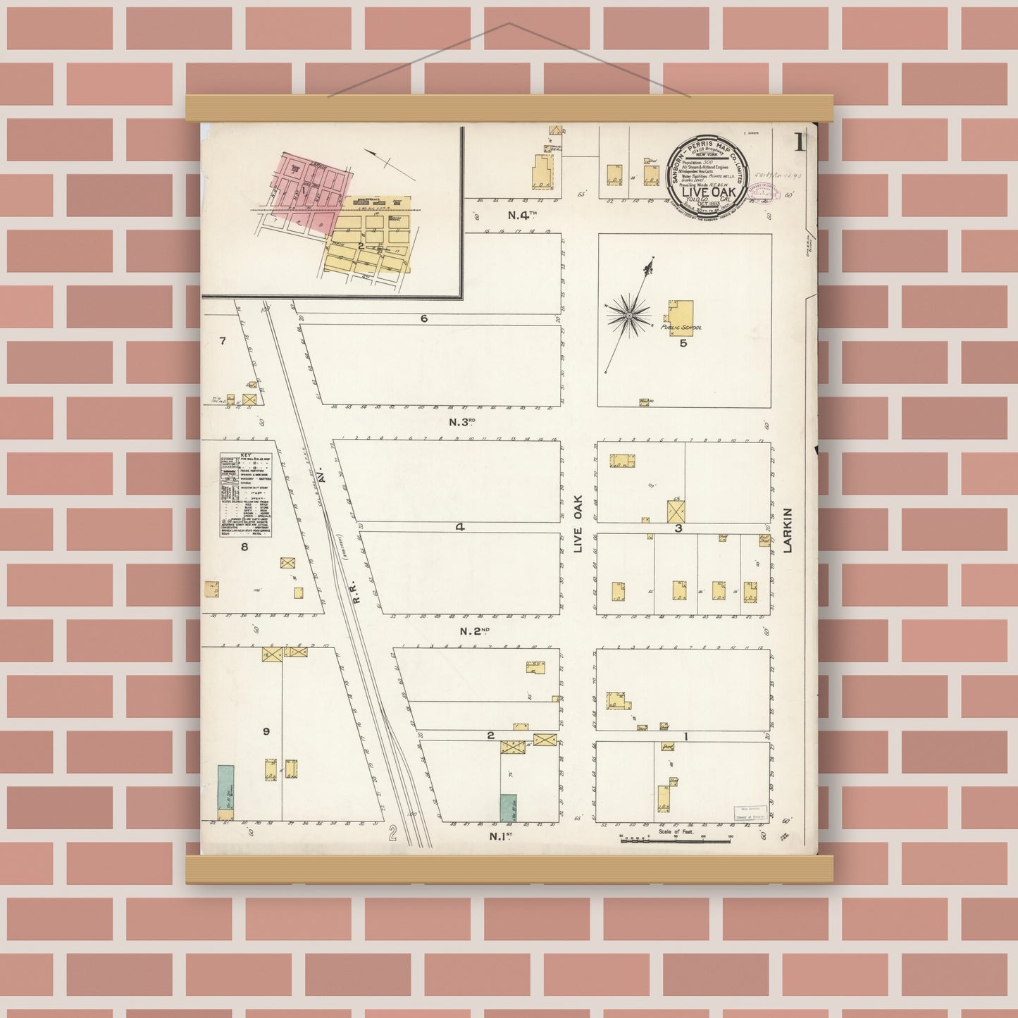 Old map wall art mockup — magnetic wood frame on brick wall — Sanborn Fire Insurance Map from Live Oak, Sutter County, California (1893) - Complete Map Set
