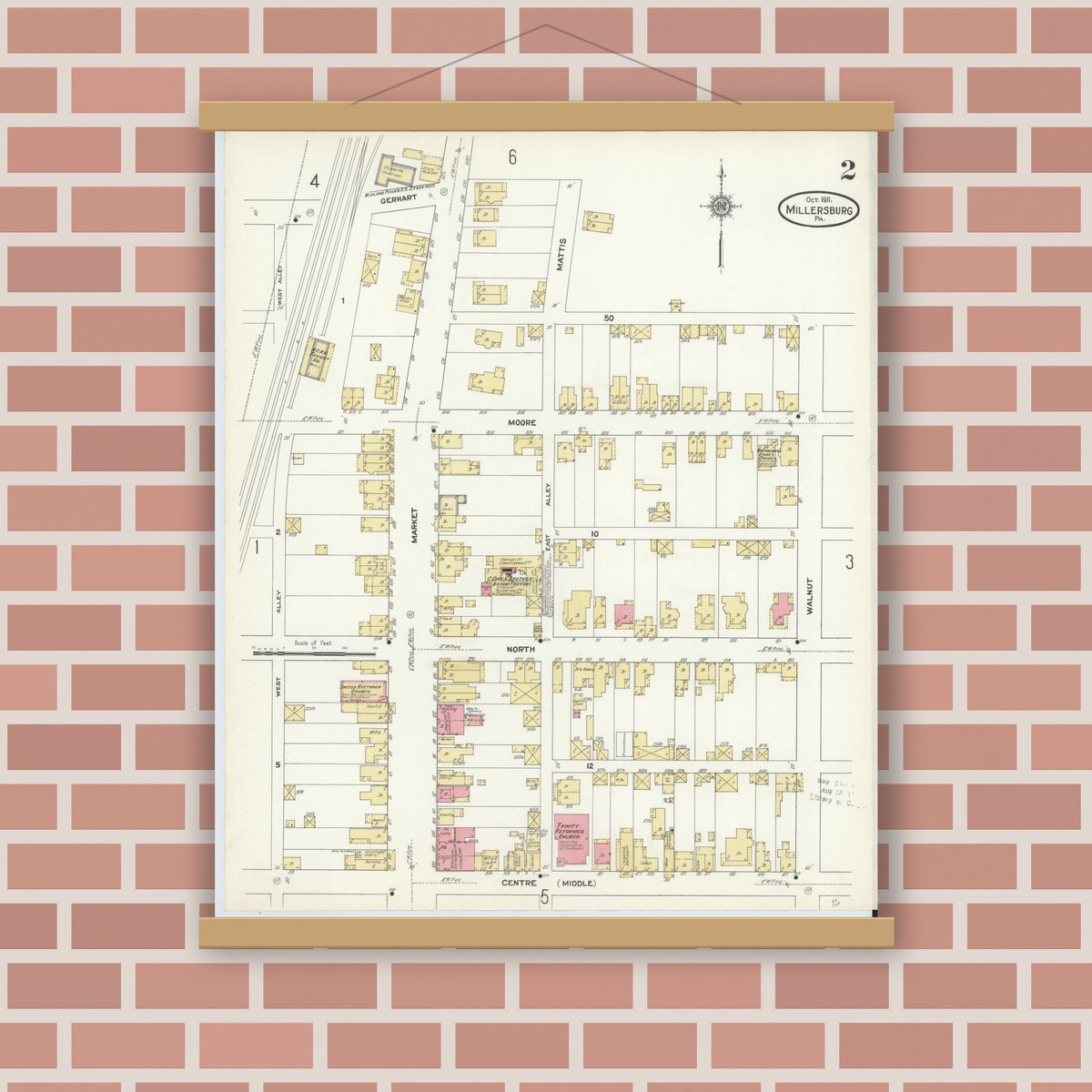 Old map wall art mockup — magnetic wood frame on brick wall — Sanborn Fire Insurance Map from Millersburg, Dauphin County, Pennsylvania (1911), Sheet #0002