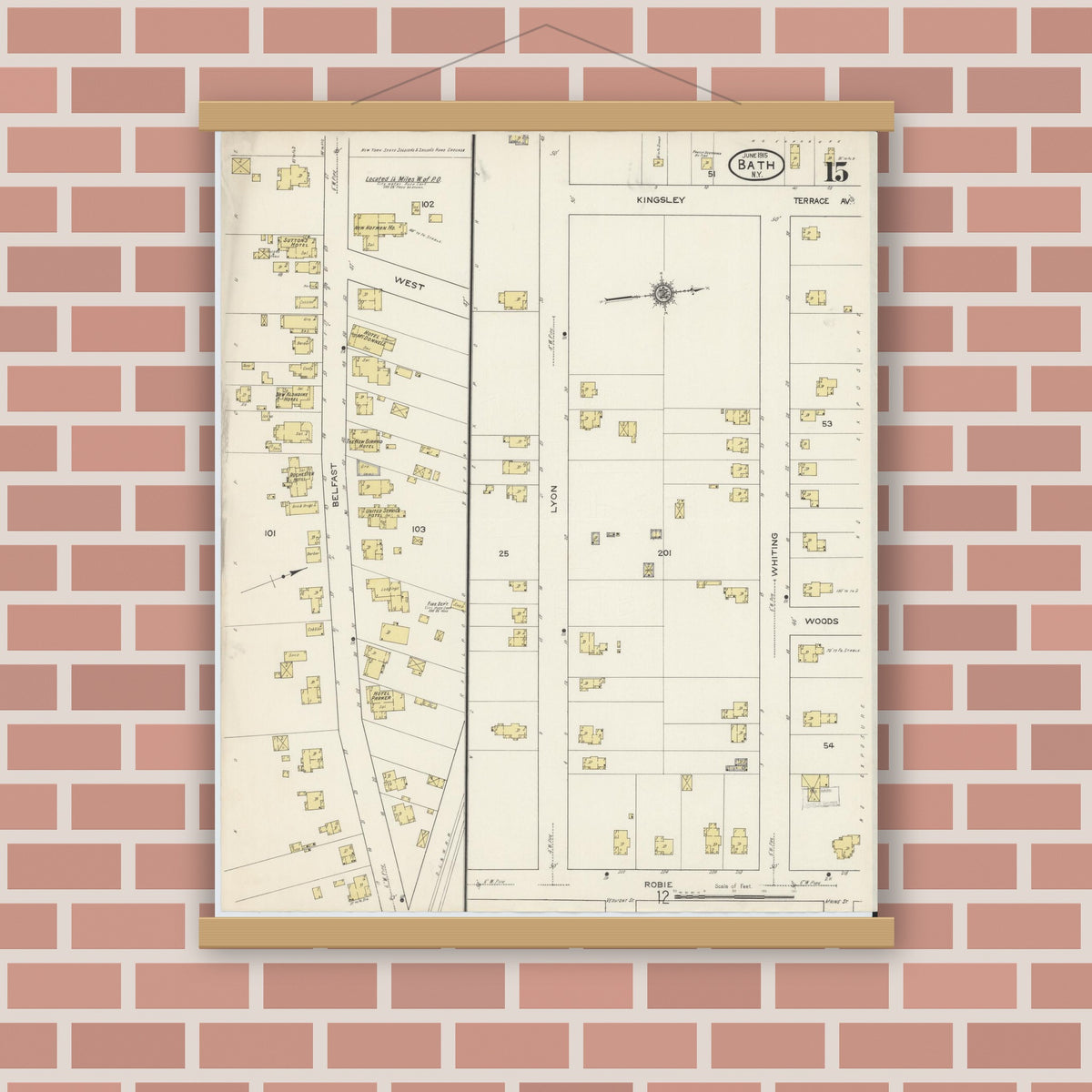 Old map wall art mockup — magnetic wood frame on brick wall — Sanborn Fire Insurance Map from Bath, Steuben County, New York (1915), Sheet #0015