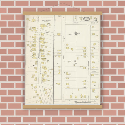 Old map wall art mockup — magnetic wood frame on brick wall — Sanborn Fire Insurance Map from Bath, Steuben County, New York (1915), Sheet #0015